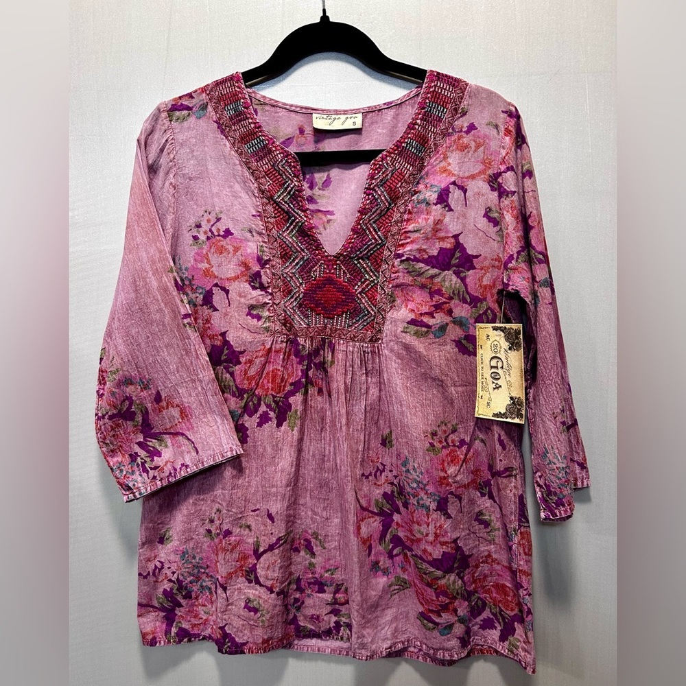Vintage Goa Pink Embroidered Floral Gauzy Pullover Tunic Boho Peasant Size S